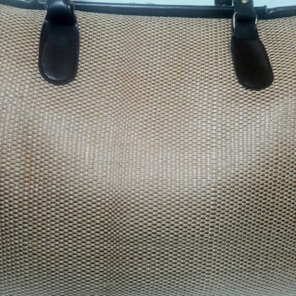Elegant Tan Nylon Weave with Chocolate Brown Faux Leather Travel/Duffle Baf - Picture 6 of 9